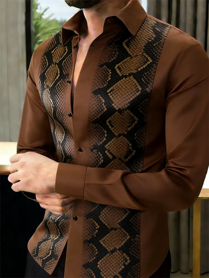 Nova Camisa Masculina Estampada em 3D com Escamas de Cobra, 10 Cores, Casual, de Manga Longa e com Botões