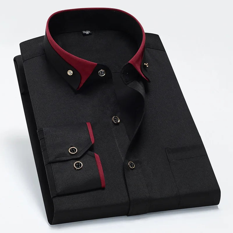 Camisa de negócios masculina manga longa botão para baixo camisa social anti-rugas escritório camisa masculina manga longa cor preta casual