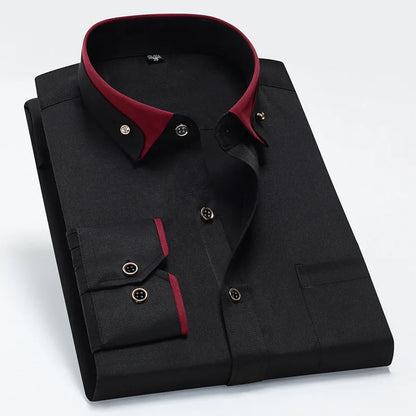 Camisa de negócios masculina manga longa botão para baixo camisa social anti-rugas escritório camisa masculina manga longa cor preta casual
