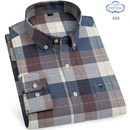 2025 camisa social masculina puro algodão oxford marca de luxo fino macio abotoado xadrez formal trabalho roupas ocidentais