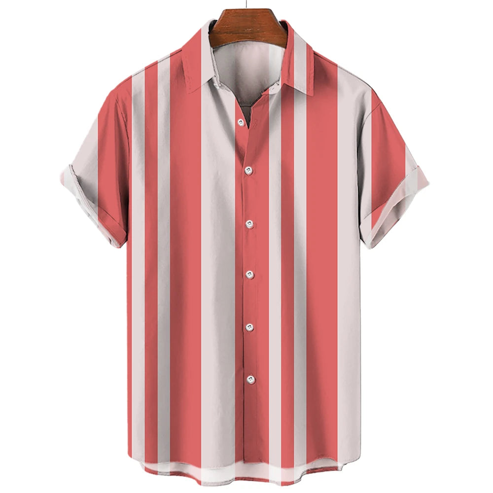 Camiseta listrada de manga curta com botão havaiano masculina, blusa xadrez, roupa de praia vermelha, camisa preta e branca, roupas masculinas, verão