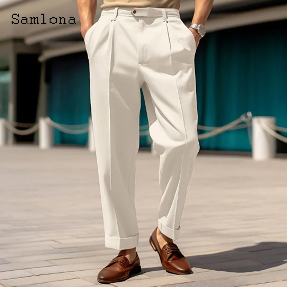 2023 masculino suporte bolso elegante calças de perna larga sólido branco festa de casamento calças plus size moda masculina botões até terno calças