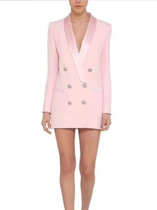 Blazer feminino de alta qualidade, modelo 2026, com botões de leão, abotoamento duplo, gola xale em cetim e modelagem longa.