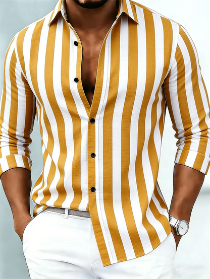 Nova camisa masculina de manga comprida, casual, com estampa 3D listrada, de alta qualidade, com fechamento de botão único.