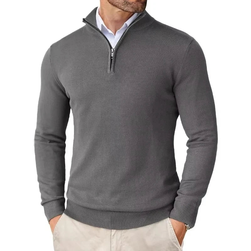 Suéter masculino com zíper de quarto, slim fit, leve, pulôver ao ar livre, gola simulada, meia gola alta, malha, streetwear