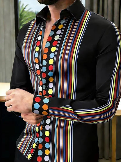 Nova camisa masculina de manga comprida com estampa geométrica dourada e detalhes em diamante, com caimento suave e lapela de cetim.