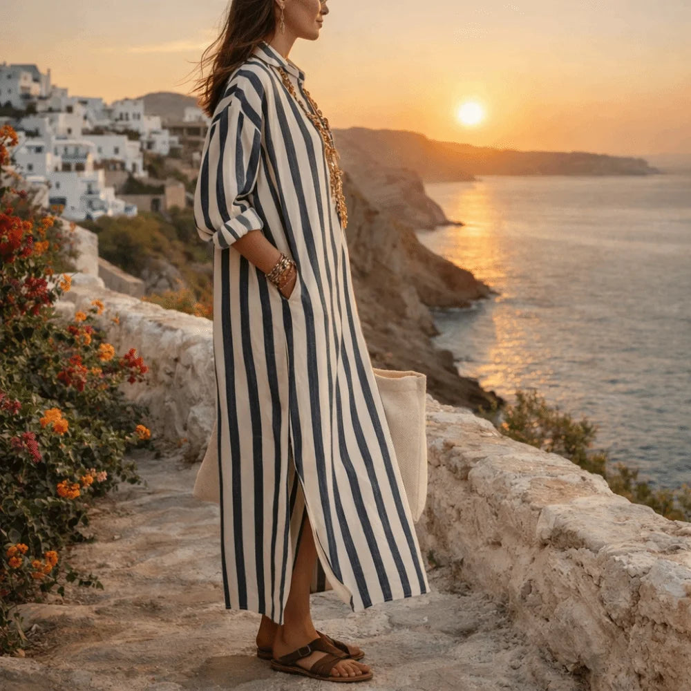 Novos Vestidos Listrados de Manga Longa, Vestido Camisa Solto com Decote em V, Saia Longa Boho para Mulheres, Primavera Verão