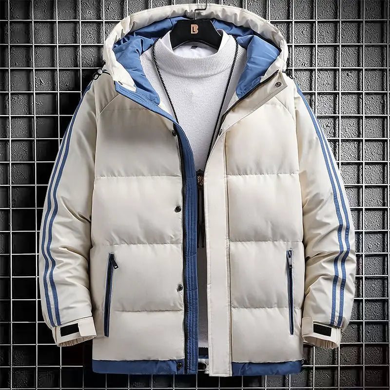 Jaqueta masculina listra moda cor combinando quente grosso high street com capuz zíper algodão-acolchoado casaco oversize cordão parka casaco