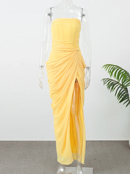 Vestido Maxi Elegante Liso com Decote Halter e Pregas, Decote V Profundo, Sem Mangas, Franzido, com Fenda Alta, para Mulheres,  Vestidos de Festa Noturna