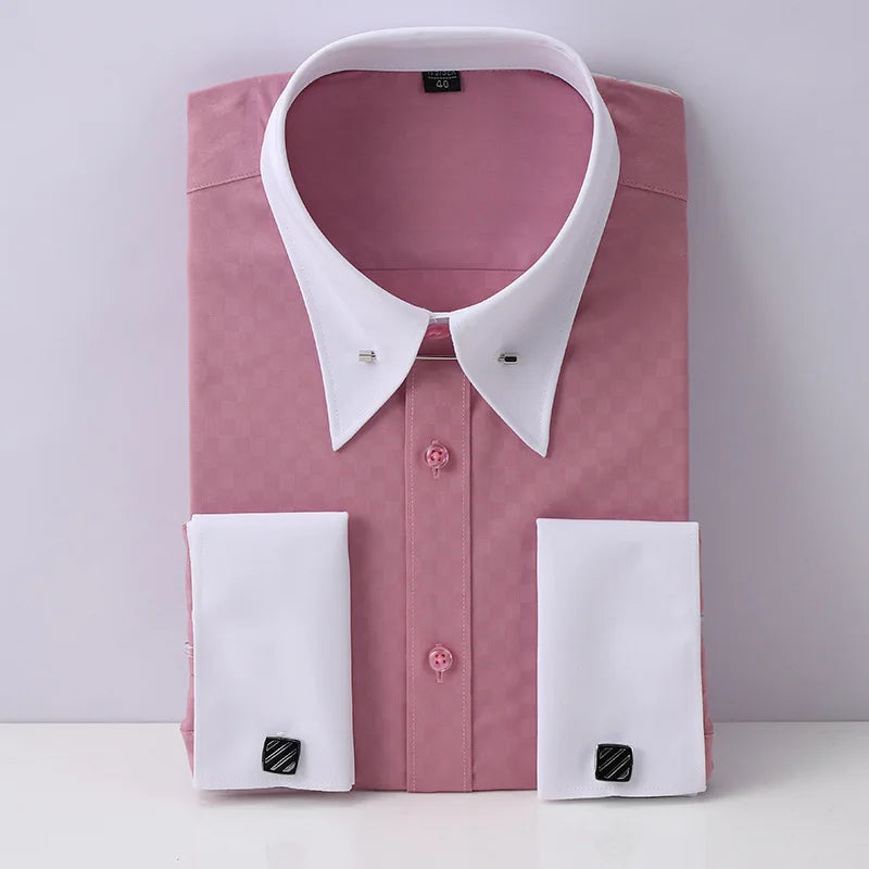 Camisa Social Masculina de Manga Longa com Abotoaduras Francesas Bordadas e Gola Grande, Sem Gravata, para Negócios e Ocasiões Formais