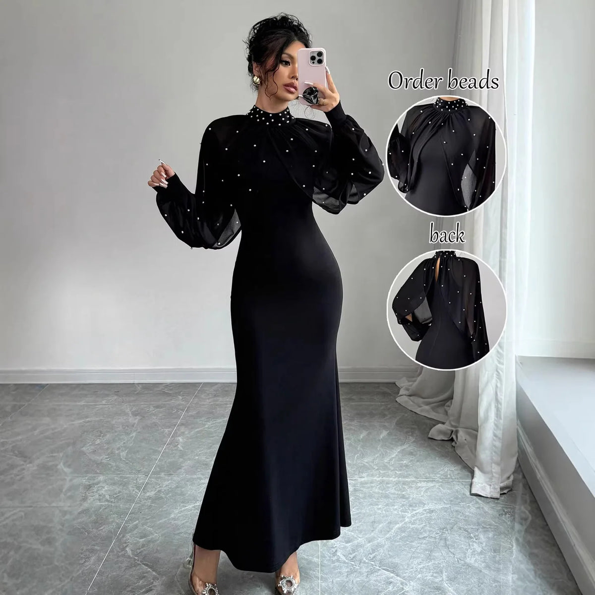 Vestido Formal Elegante de Manga Longa Estilo Sereia com Contas e Saia de Veludo Brilhante para Mulheres, Estilo Chic e Elegante