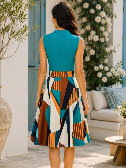 Vestido midi elegante feminino de verão com estampa geométrica em blocos de cores, sem mangas, com cinto e decote em V, ideal para férias. Perfeito para o verão.