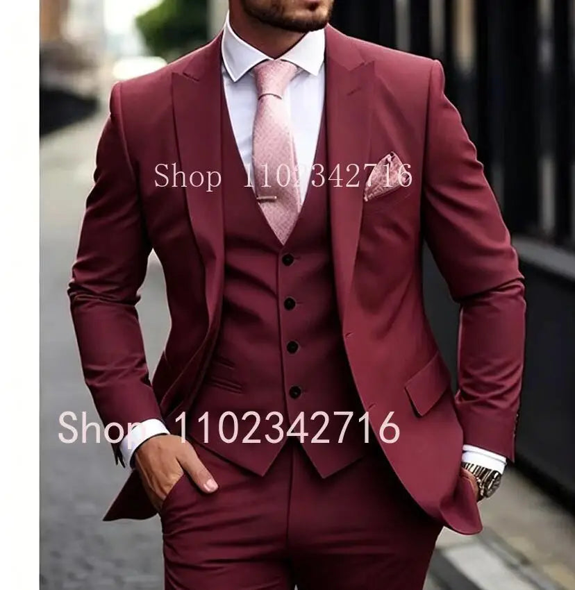 Pink Luxury Men Suits 2024 Terno Slim fit 3 Piece Jacket Pant With Vest Groom Wedding Tuxedo Costume Homme Formal Occasion Terno