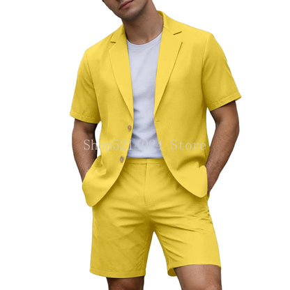 Conjuntos para Homens Blazer de Manga Curta e Calças Curtas Leves para Casamento, Festa, Negócios e Trajes Formais
