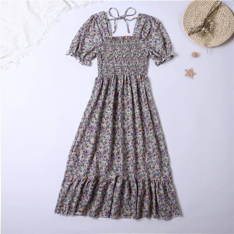 Verão plissado mulheres vestidos de chiffon casual praia férias manga curta gola quadrada mulher midi vestido boêmio mujer vestidos