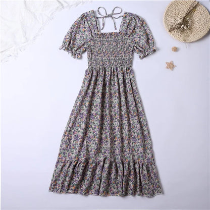 Verão plissado mulheres vestidos de chiffon casual praia férias manga curta gola quadrada mulher midi vestido boêmio mujer vestidos