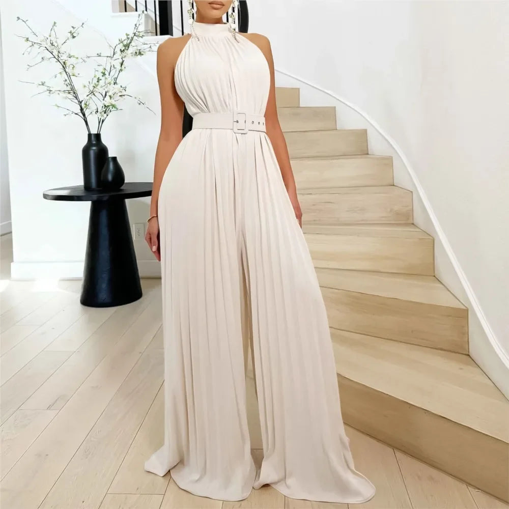 CPSYMYM Sexy Halter Sleeveless Women's Reunion Romper Summer New Female Elegant Pleated Waist Belted Wide Leg Jumpsuit Pants