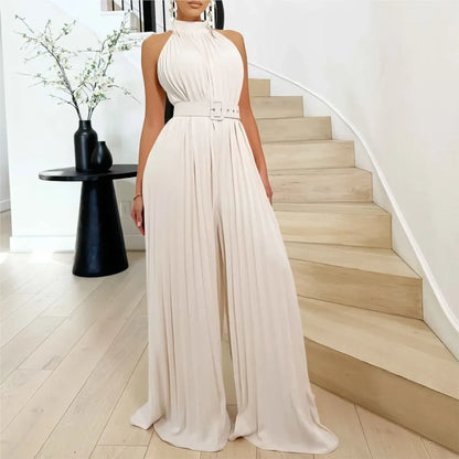 CPSYMYM Sexy Halter Sleeveless Women's Reunion Romper Summer New Female Elegant Pleated Waist Belted Wide Leg Jumpsuit Pants