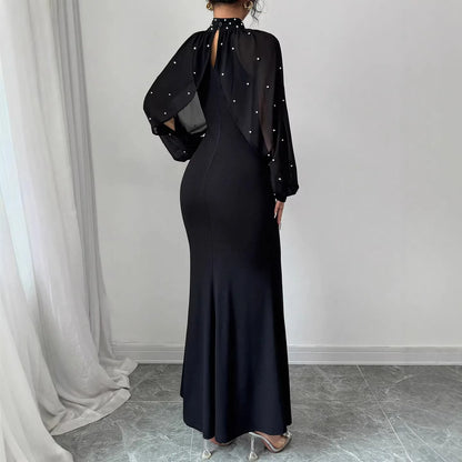 Vestido Longo Sereia Feminino 2026 Elegante com Gola Alta, Manga Longa em Tule, Cintura Marcada e Renda Sexy para Casamento