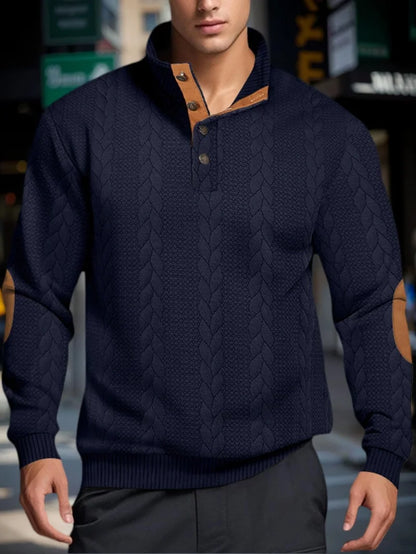 Suéteres jacquard de malha masculina botão gola alta pulôver quente suéteres ao ar livre casual moletom de manga comprida masculino