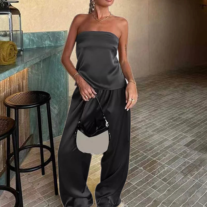 Feminino elegante sem alças solto outfits moda cintura alta cetim sólido 2pc terno sexy fora do ombro sem mangas topos & calça longa conjunto