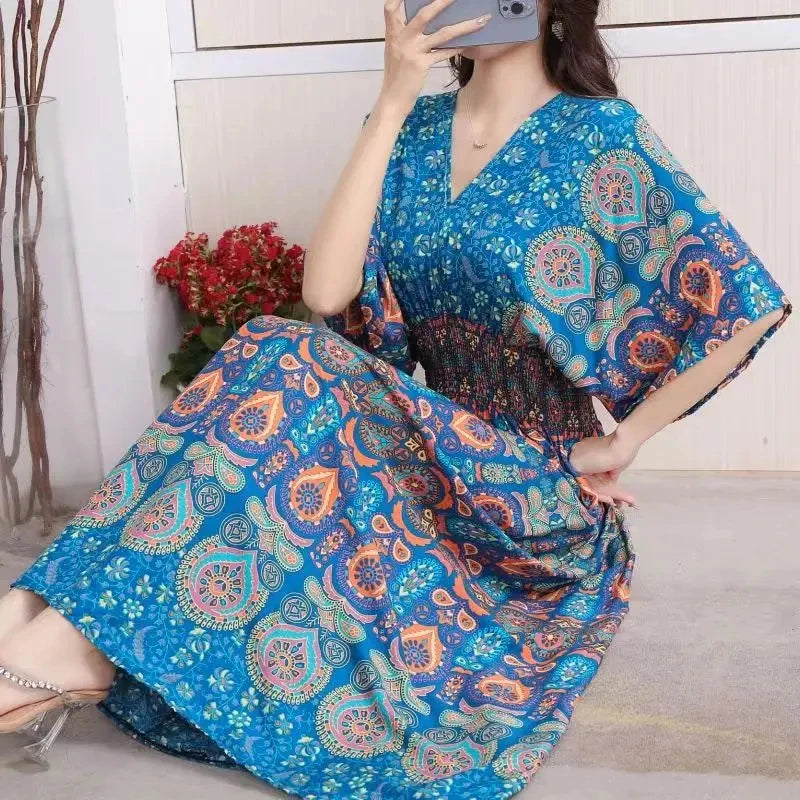 Flor colorida com decote em v elástico jovem boêmio doce midi vestido mulher roupas chique moda vestidos de verão 2025 grande balanço esqui