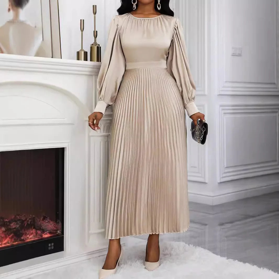 Pleated Dress Women Lantern Sleeves Long Dresses Round Collar Tight Waist A Line Spring 2026 Vestidos Office Lady Maxi Gown
