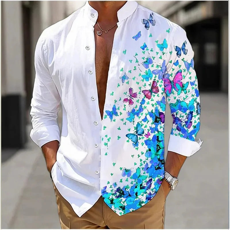 Camisa masculina de manga comprida Camisa impressa em 3D de alta qualidade, padrão floral, primavera e outono, tecido casual e elegante e confortável