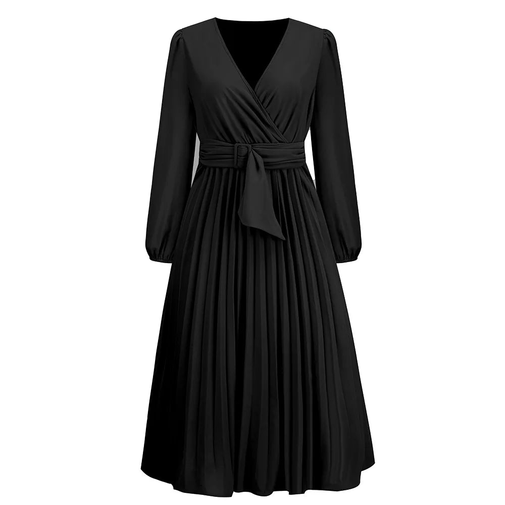 Elegante feminino verde chiffon outono/inverno manga longa fino ajuste vestido plissado moda feminina com decote em v cinto vestidos de festa S-2XL