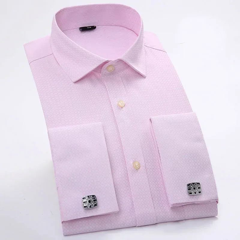 Qualidade frança abotoaduras homens vestido camisas botão turndown colarinho respirável fino ajuste festa de casamento smoking camisas hombre