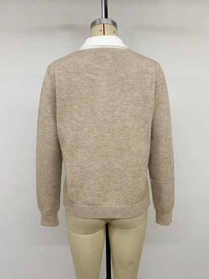 Suéter Feminino Elegante com Gola de Lapela, Jacquard em Losangos, Manga Longa, Estilo Outono, Suave e Delicado.
