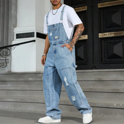 Macacão Jeans Masculino Moderno para o Verão, com Caimento Solto de Perna Larga, Design Rasgado e Estilo Urbano