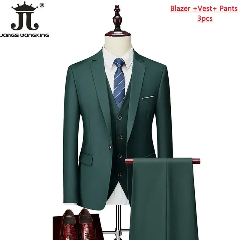 Conjunto de Terno Masculino de 3 Peças (Blazer + Colete + Calça) Tamanhos EUA XXS-3XL, Cor Sólida, Estilo Boutique, para Negócios Oficiais, Casamentos e Festas