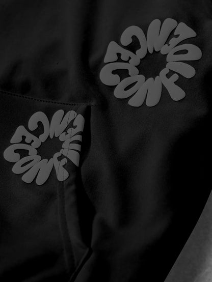 Moletom Masculino Streetwear com Estampa Floral 3D em Relevo e Letras, Poliéster Preto, Bolso Canguru, Tamanhos S-2XL, 1 Peça