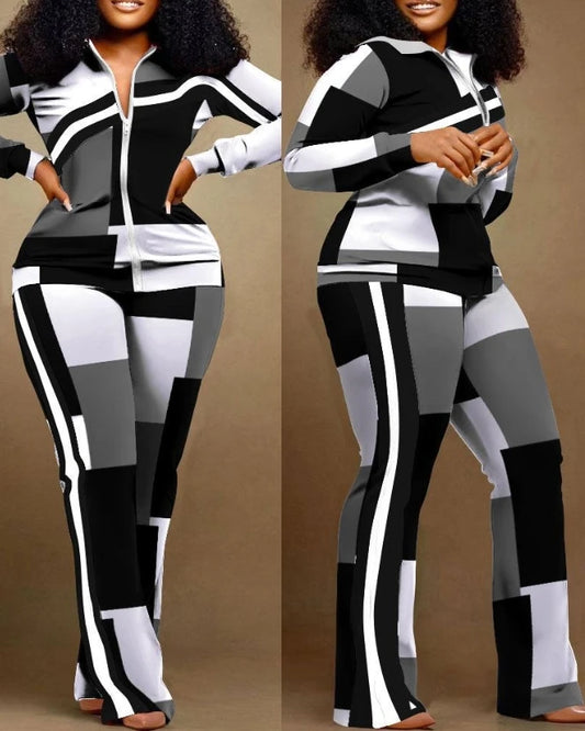 Conjunto de duas peças roupa feminina 2023 outono moda geométrica impressão gola manga longa zip up topo & casual calças esportivas conjunto