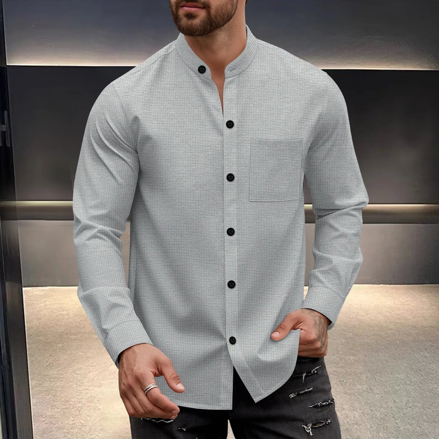 Camisa Masculina Waffle Elegante com Gola Alta e Botões e Calças 1/2 Peças Confortáveis e Respiráveis Casuais