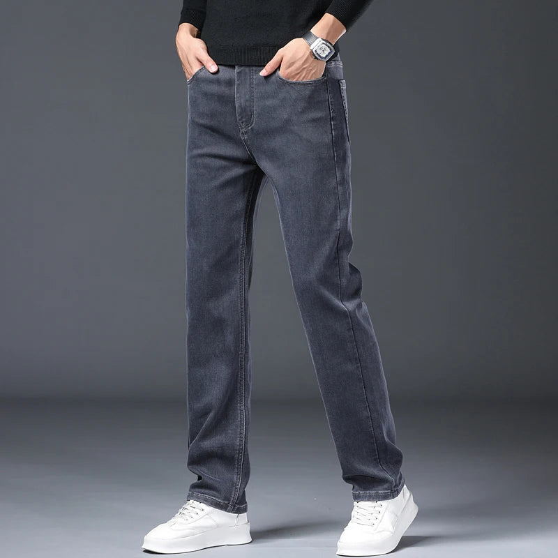 Calças Jeans Cinzas Masculinas Moda Primavera Outono Casual Elásticas Clássicas Retas para Trabalho Vintage em Denim Lavado