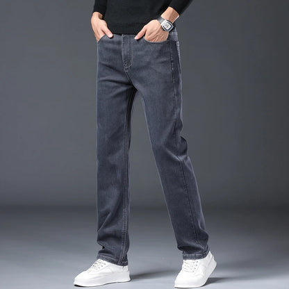 Calças Jeans Cinzas Masculinas Moda Primavera Outono Casual Elásticas Clássicas Retas para Trabalho Vintage em Denim Lavado