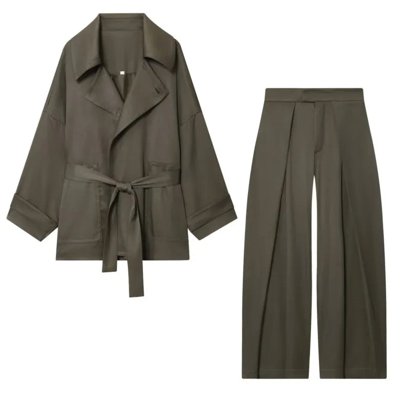 Mulheres meados de cintura calças conjunto de duas peças casual fluindo com cinto jaqueta frente plissado calças 2 peça conjunto feminino outfit