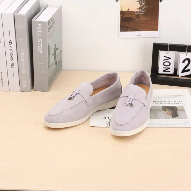 Mocassins Femininos de Camurça Sem Logo, Design de Luxo, Sapatos Casuais Confortáveis para Mulheres, Calçados Planos para o Verão