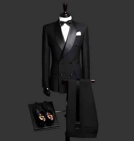 Terno Slim Fit Preto Sob Medida de 2 Peças para Homens, Blazer Transpassado, Ternos de Casamento para Homens, Smokings para Noivos (Jaqueta+Calça)