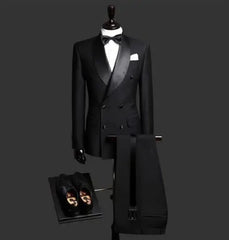 Terno Slim Fit Preto Sob Medida de 2 Peças para Homens, Blazer Transpassado, Ternos de Casamento para Homens, Smokings para Noivos (Jaqueta+Calça)