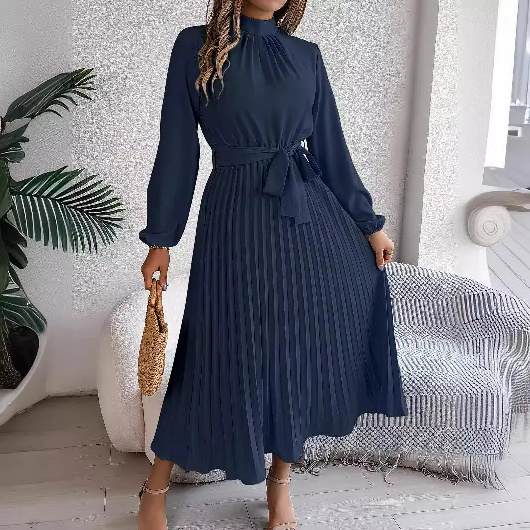 Solid Stand up Collar Bridesmaid Dress Spring Summer Casual Elegant Long Sleeve Waist Cinched Pleated Long Dresses for Women