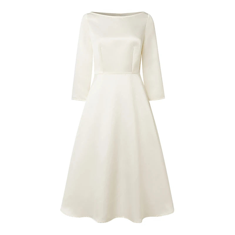 Vestidos Midi Elegantes de Cetim Preto ZANZEA para Mulheres, Decote Canoa, Manga 3/4, Vestido A-Line para Convidadas de Casamento