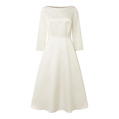 Vestidos Midi Elegantes de Cetim Preto ZANZEA para Mulheres, Decote Canoa, Manga 3/4, Vestido A-Line para Convidadas de Casamento