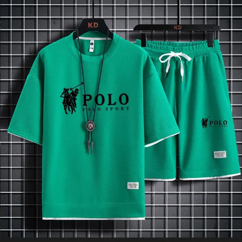 2025 camiseta masculina de manga curta + shorts esportivos de duas peças verão moda respirável fitness casual jogging conjunto.
