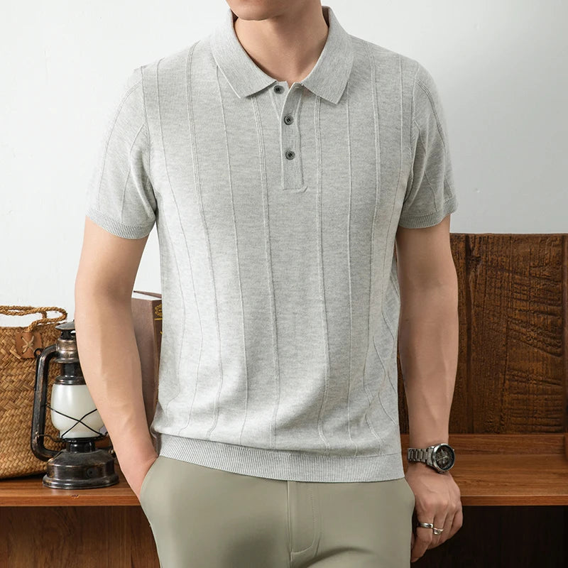 Camisa polo masculina de malha, cor sólida, manga curta, nova, de alta qualidade, luxo, leve, confortável, casual, para o verão.