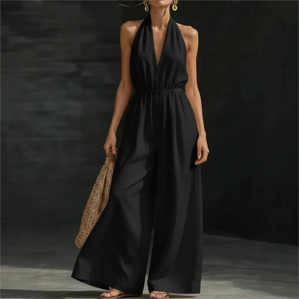 Macacão Feminino Halter Neck: Novo Macacão Casual Solto de Verão Francês com Decote V Sexy e Cor Sólida