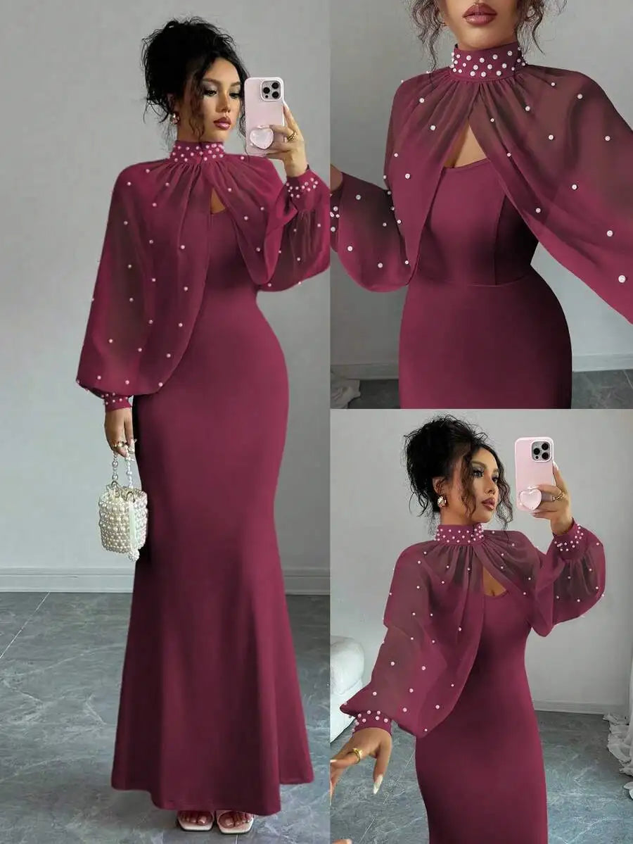 Vestido de Noite Elenzga Novo e Elegante com Charme Madura, Digno e Delicado, Rosa Sonhador, Top de Manga Longa Bordado à Mão, Sereia Graciosa