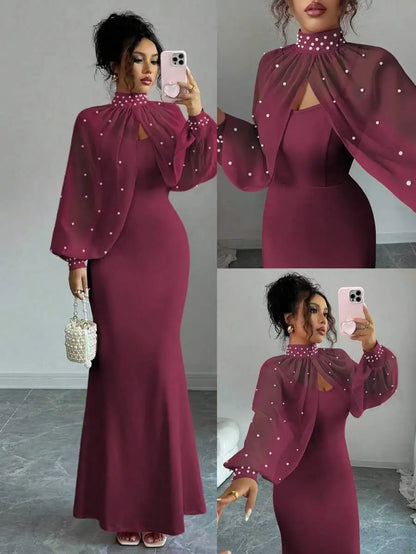 Vestido de Noite Elenzga Novo e Elegante com Charme Madura, Digno e Delicado, Rosa Sonhador, Top de Manga Longa Bordado à Mão, Sereia Graciosa